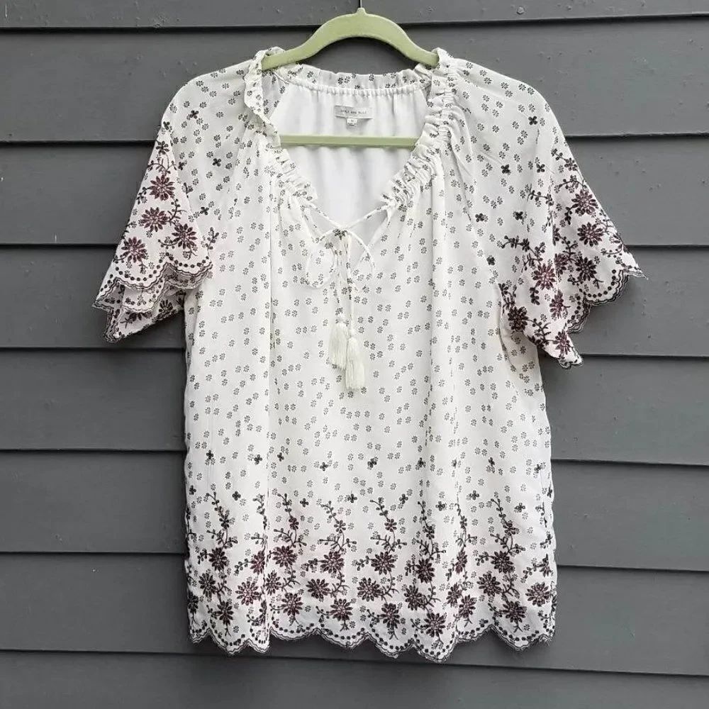 Skies are Blue Brown White Embroidered Peasant Top Size Medium